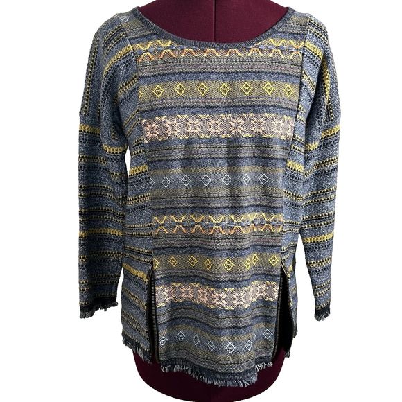 Lucky Brand Womens Sz XS Escape Bohemian Aztec Blue Sweater Exposed Zippers - Picture 6 of 16